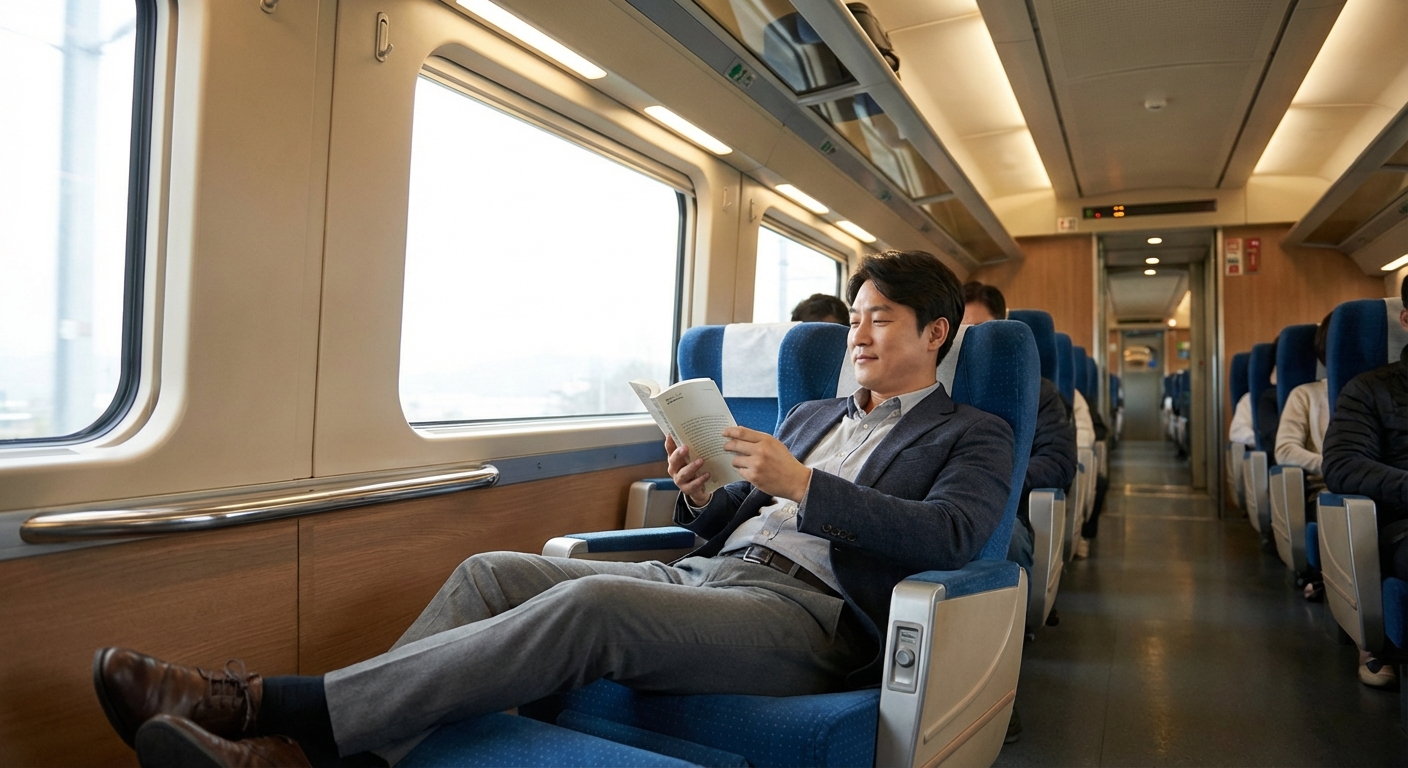 KTX 또는 프리미엄 고속버스 좌석에 편안하게 앉아 책을 읽는 한국 성인