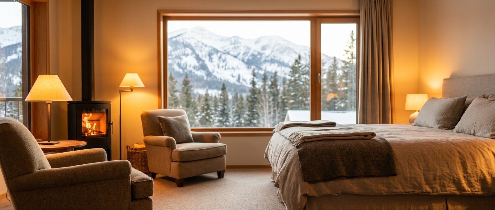 넓은 창문 너머 설경이 보이는 아늑하고 깨끗한 펜션 거실 내부.