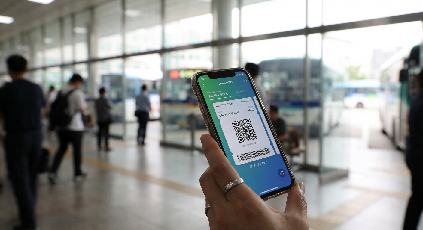 티머니GO 앱 모바일 버스 승차권 QR코드를 보여주는 스마트폰을 들고 있는 한국 성인의 손 클로즈업.