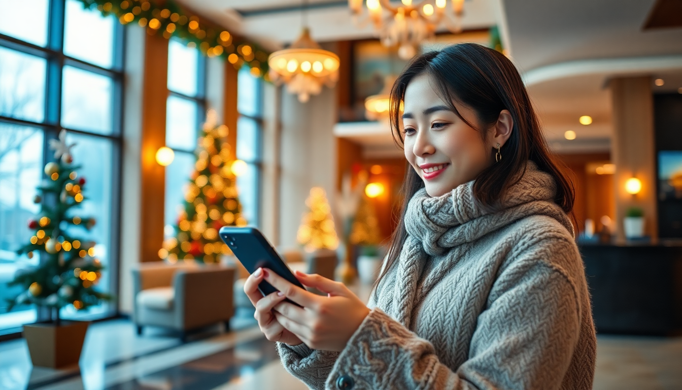 12월 연말 휴가를 위해 스마트폰 앱으로 호텔 예약하는 한국 여성의 이미지