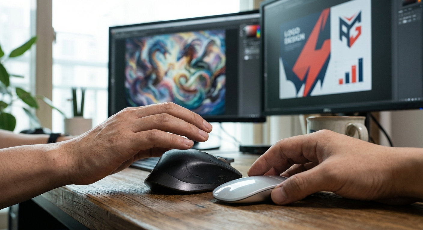 두 개의 서로 다른 AI 이미지 생성 도구를 상징하는 모니터 앞에서 어떤 마우스를 사용할지 고민하는 사람의 손.