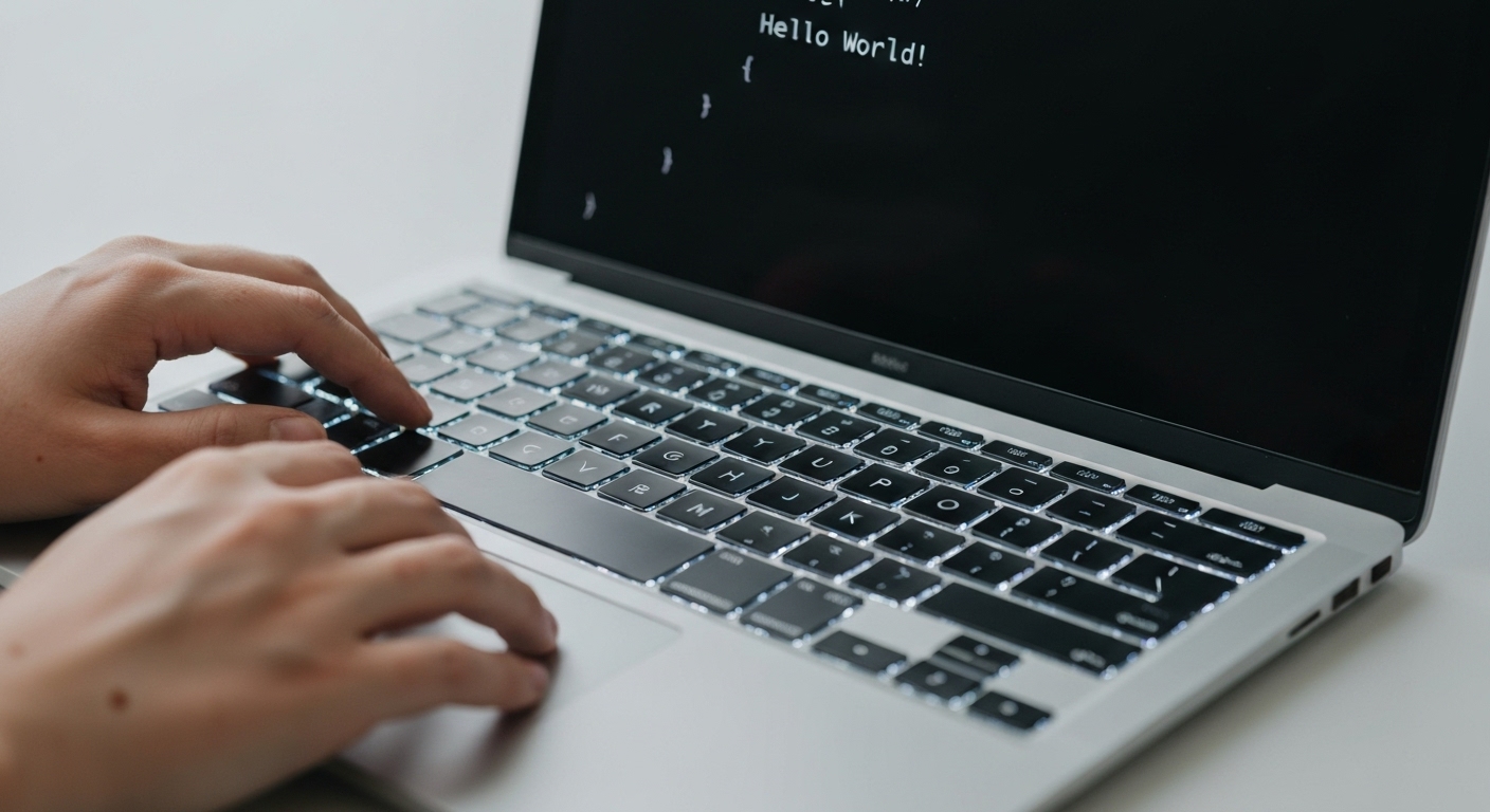 파이썬 코드 Hello World를 타이핑하는 노트북 화면과 키보드 근접 촬영