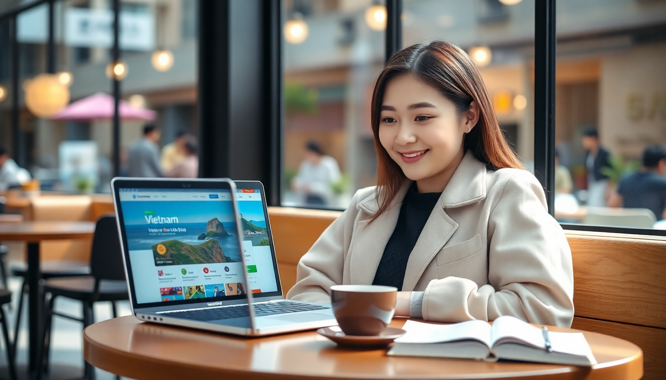 한 여성이 카페에 앉아 노트북으로 베트남 여행 계획을 짜고 있는 모습
