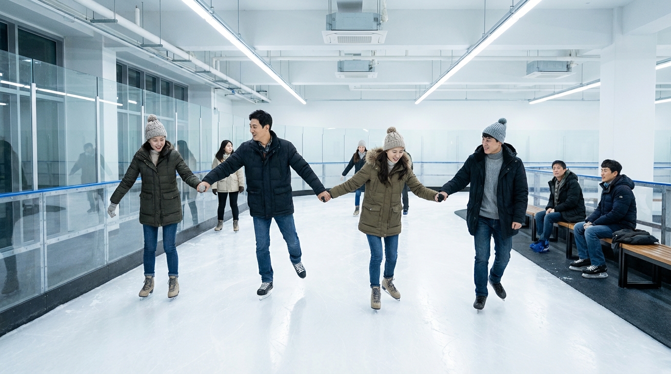 실내 아이스 링크에서 여러 한국인 성인들이 우아하게 스케이트를 타고 있는 넓은 시점의 사진.