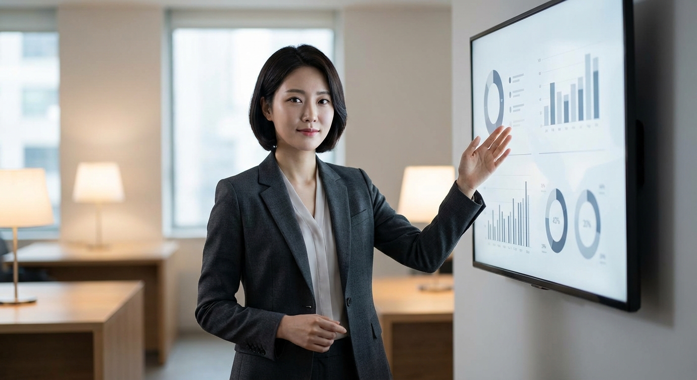 대형 모니터 화면에 실제 사람처럼 보이는 한국인 AI 아바타가 발표를 하고 있는 모습.