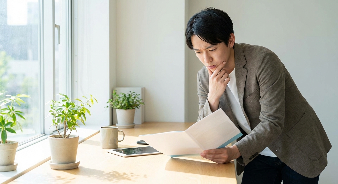 한국 성인 직장인이 건강보험 관련 서류를 살펴보며 생각에 잠겨 있는 모습