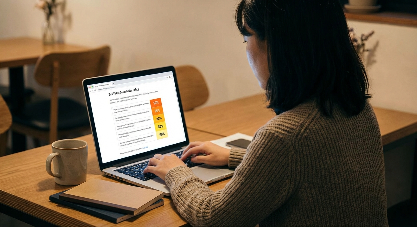 노트북 화면에서 버스표 취소 수수료 정책을 신중하게 확인하는 한국 성인의 뒷모습