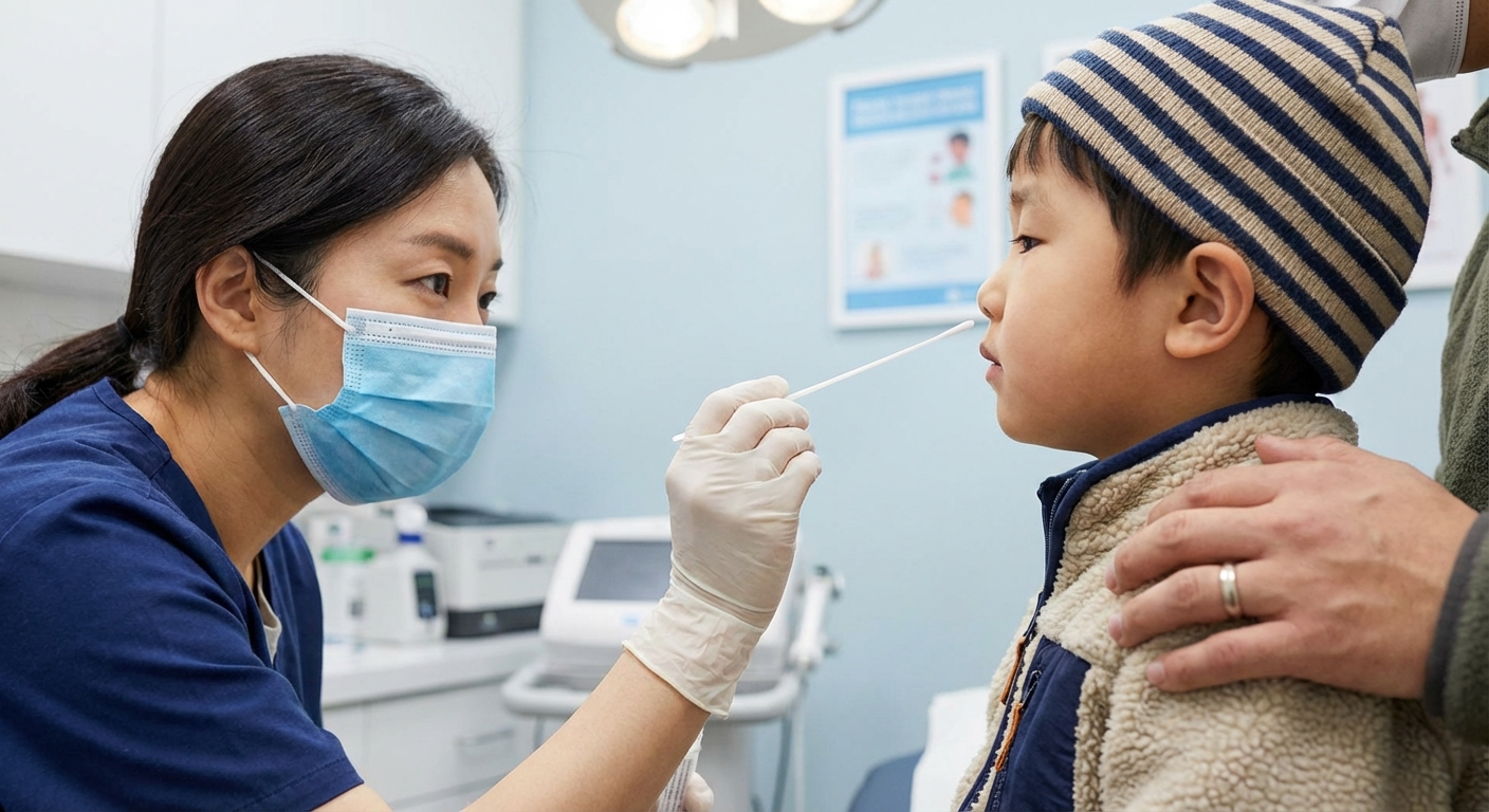 한국인 의사가 한국인 아이의 코에 면봉을 사용하여 독감 검사를 하는 모습