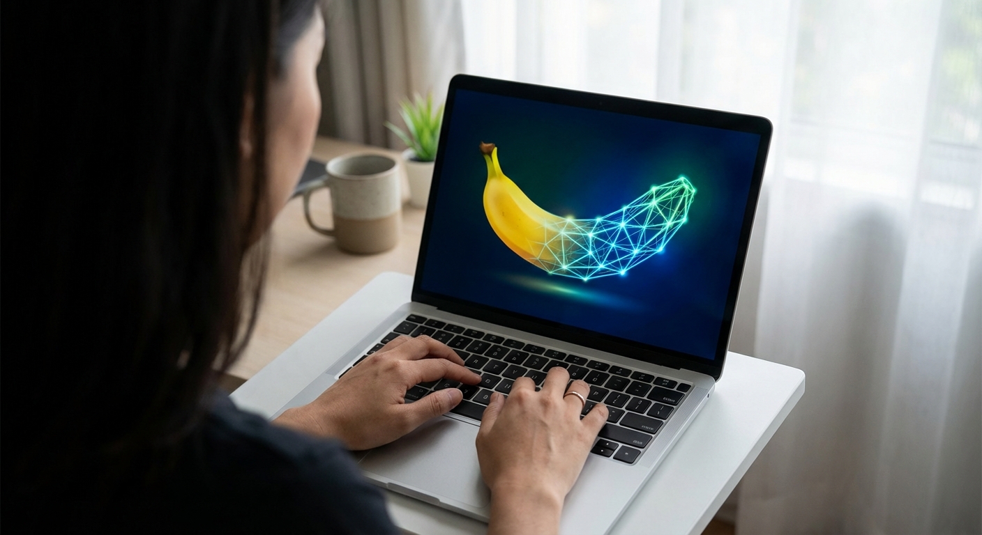 미니멀한 작업 공간에서 노트북으로 AI 이미지를 생성하는 사람의 손과 노트북 화면을 클로즈업한 이미지. 화면에는 바나나가 나노구조로 변하는 이미지가 떠 있다.