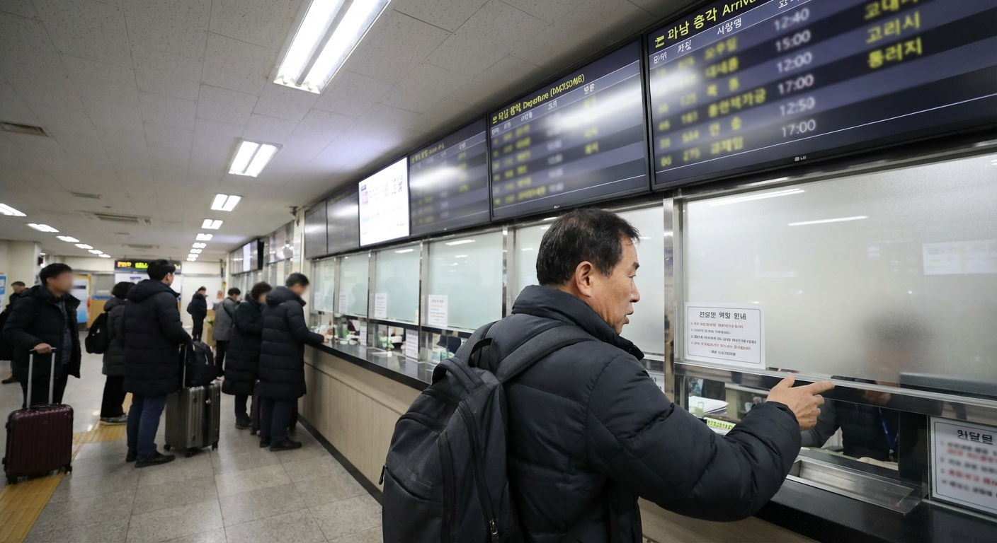 버스 터미널 매표소에서 직원과 이야기하며 취소 문의를 하는 한국 성인의 뒷모습