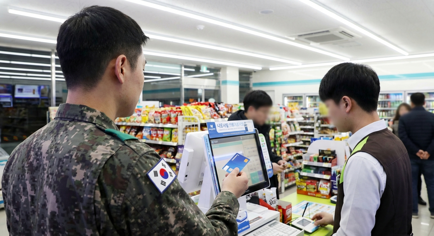 한 군인이 편의점 계산대에서 나라사랑카드로 결제하는 모습.