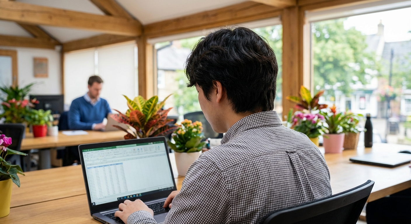 비수도권 중소기업 사무실에서 젊은 한국인 직원이 컴퓨터로 업무를 처리하는 모습.