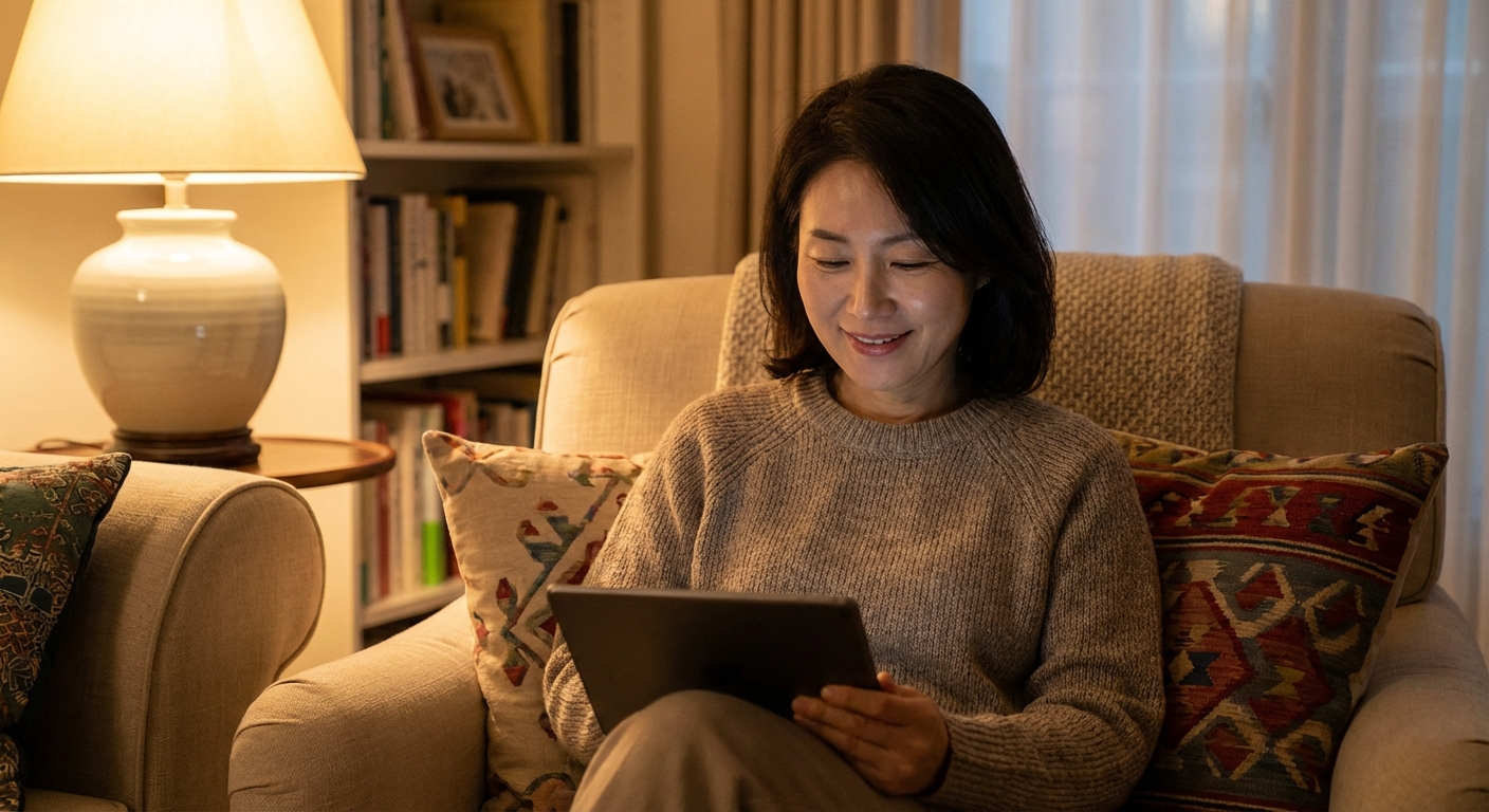 태블릿 화면을 보며 만족스러운 표정으로 살짝 미소 짓는 한국 성인의 미디엄 클로즈업