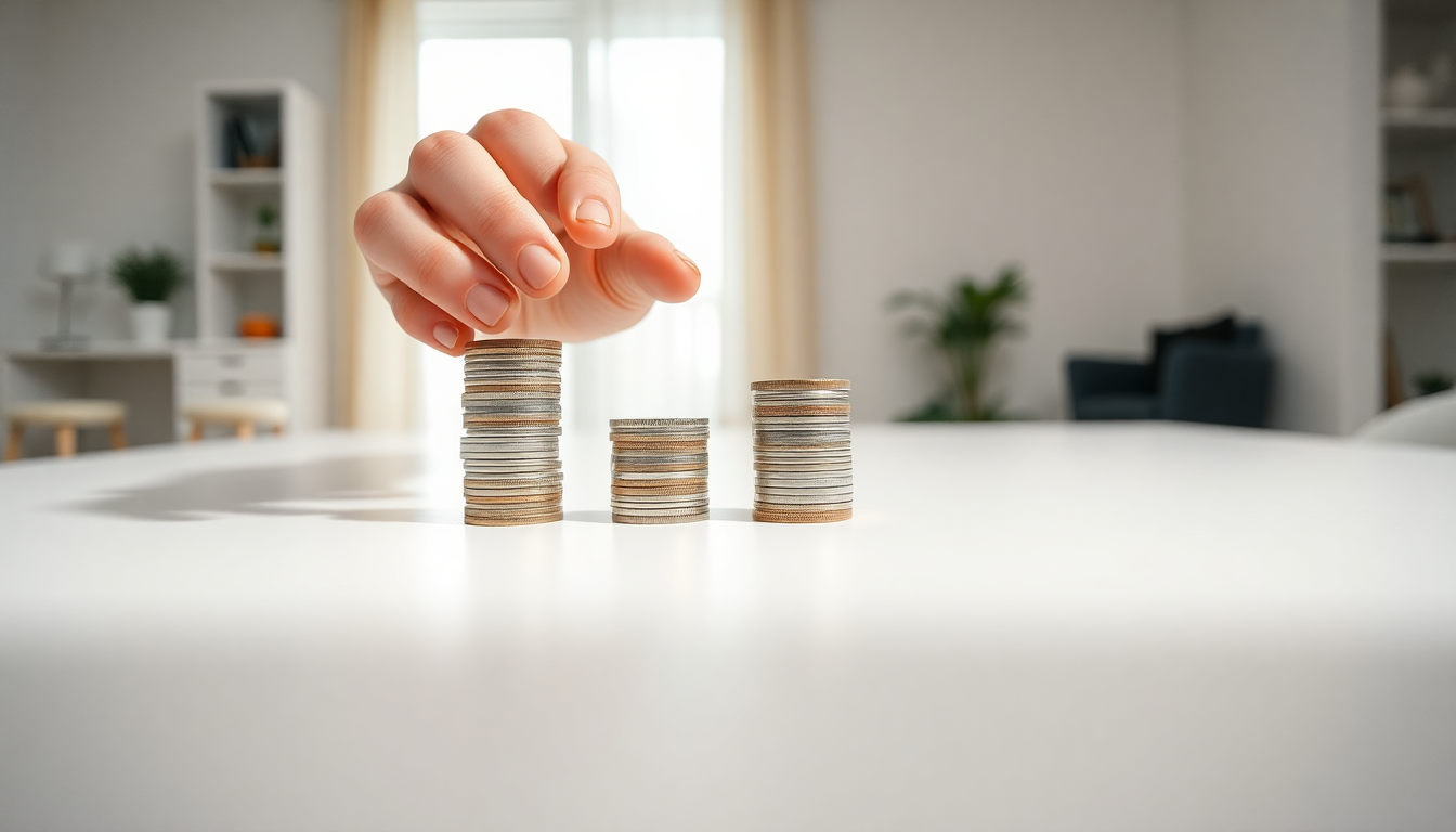 한 사람이 밝은 실내에서 깨끗한 테이블 위에 네 개의 동전 더미를 점차 높게 쌓아 올리고 있는 모습.