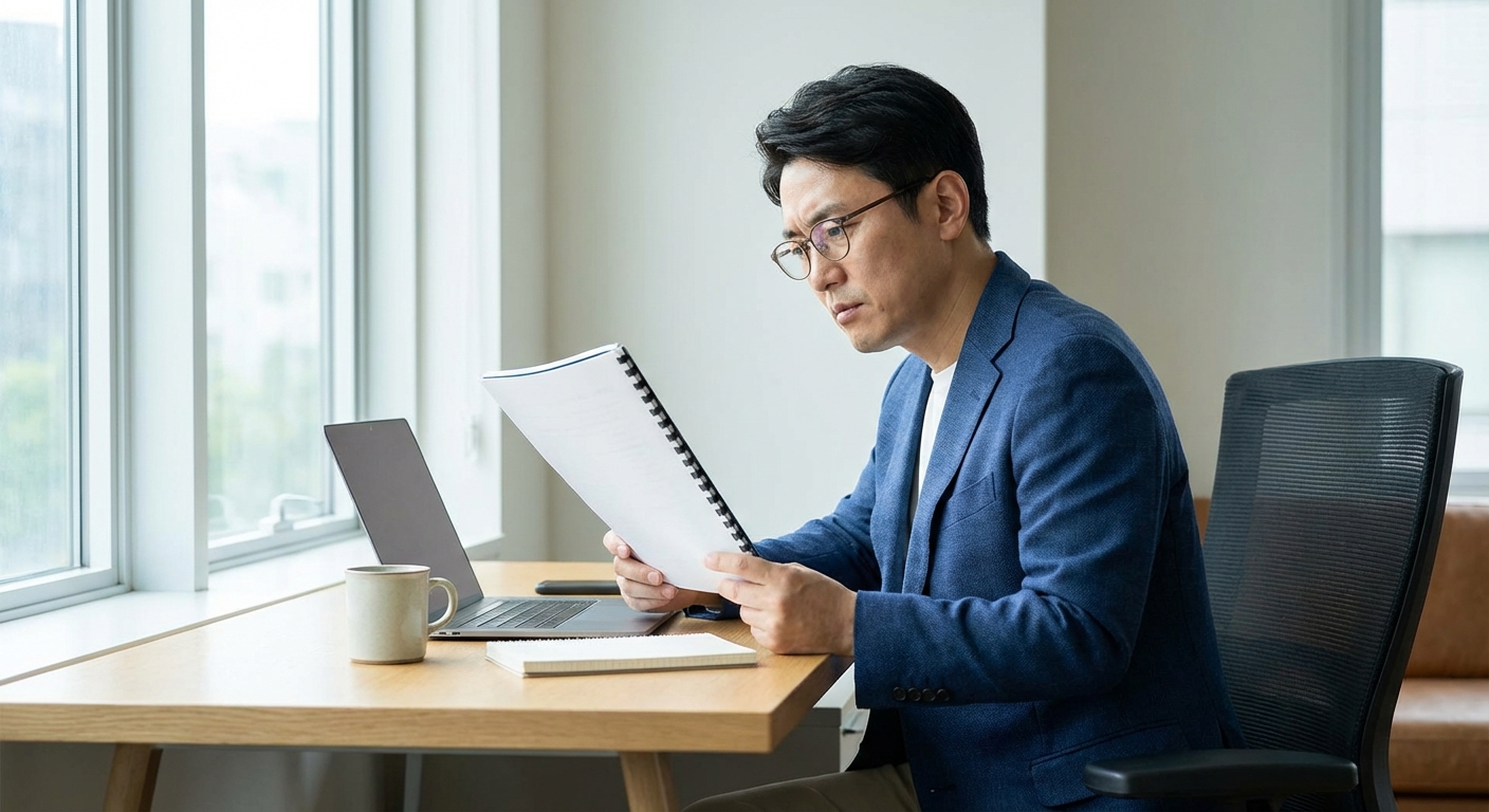 한 한국인 성인이 근로계약서를 꼼꼼히 검토하고 있다.