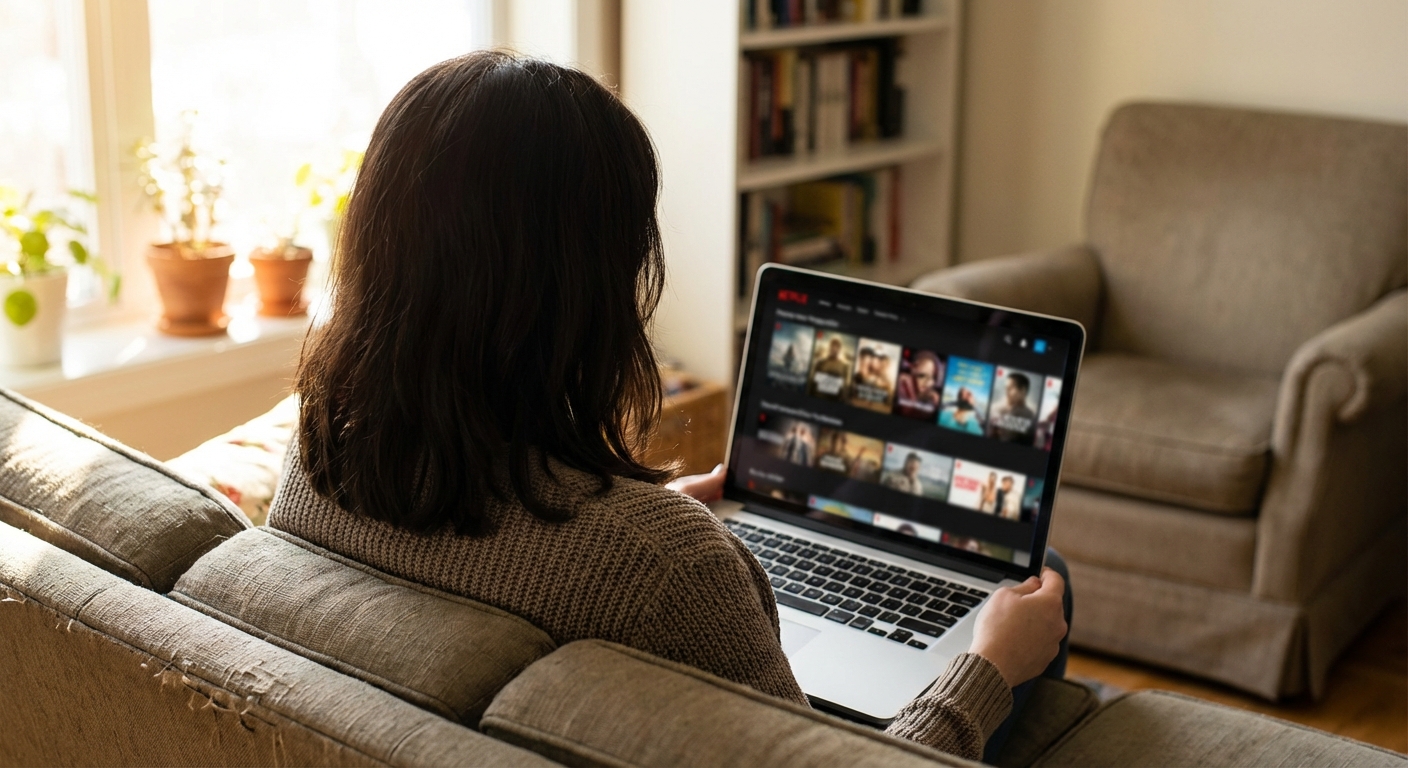 어깨 너머로 촬영된, 소파에 앉아 노트북으로 티빙 요금제를 살펴보는 여성의 모습.