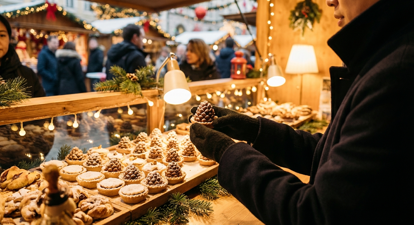 크리스마스 마켓에서 진열된 디저트 중 하나를 고르는 한국 성인의 손.
