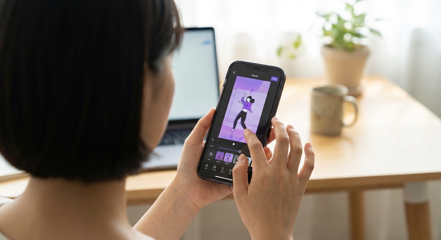 한국인 성인의 손이 스마트폰에서 모바일 영상 편집 앱을 사용하여 AI 댄스 영상의 필터와 효과를 조정하고 있습니다.