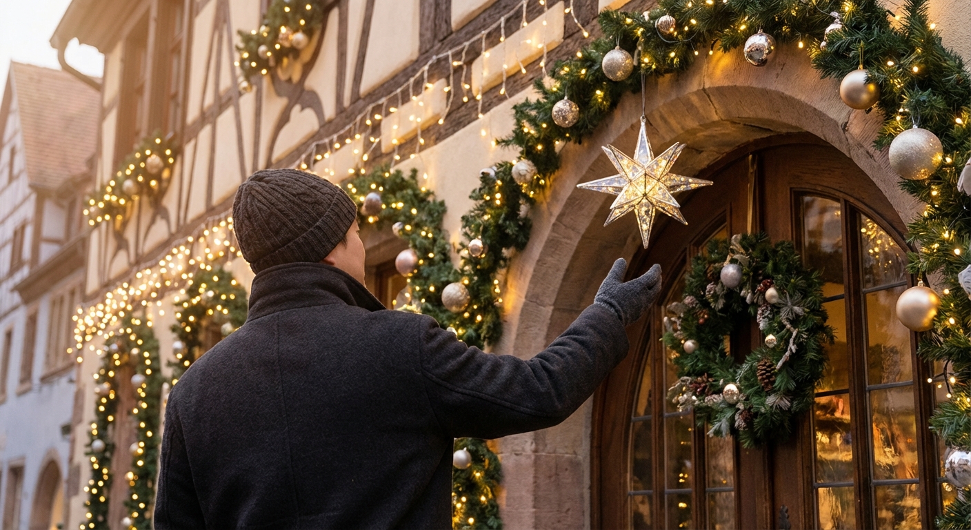 따뜻한 겨울 코트를 입은 한국인 성인이 유럽풍 건물에 매달린 반짝이는 크리스마스 장식을 뒤에서 손으로 만지려는 모습, 어두워지는 황혼 속 부드럽고 따뜻한 크리스마스 조명이 빛나는 리얼리스틱 에디토리얼 사진.