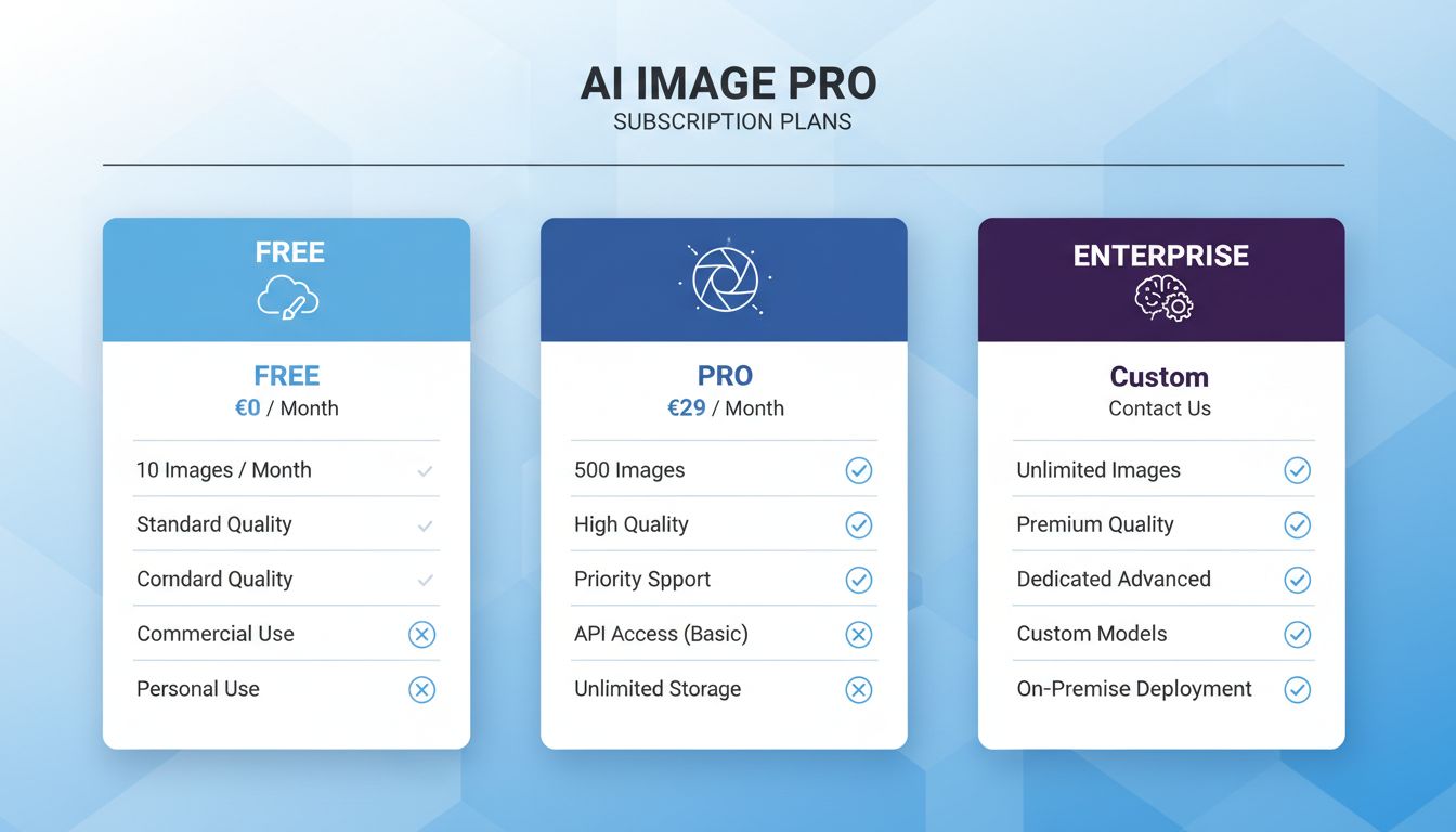Infographic of different AI image generation subscription plans with pricing and features