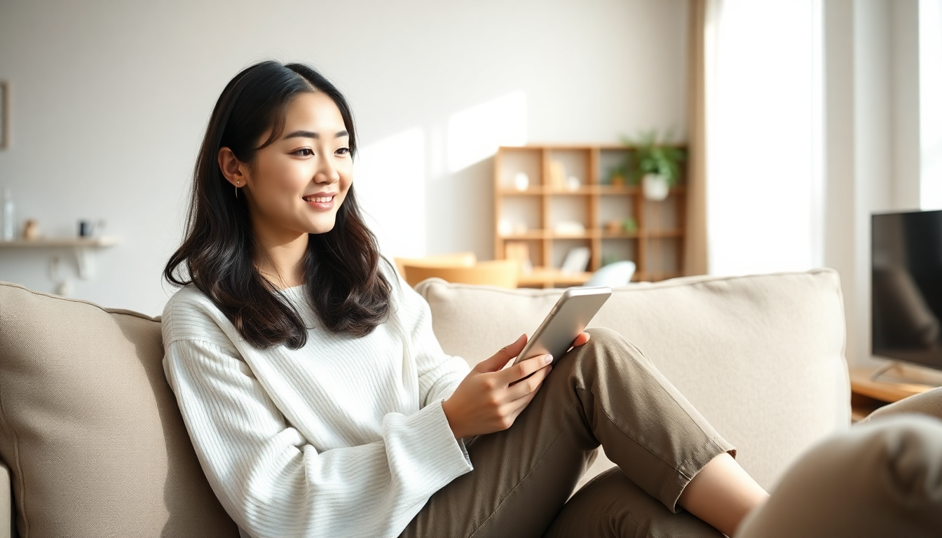 소파에 앉아 스마트폰을 보며 만족스럽게 미소 짓는 여성
