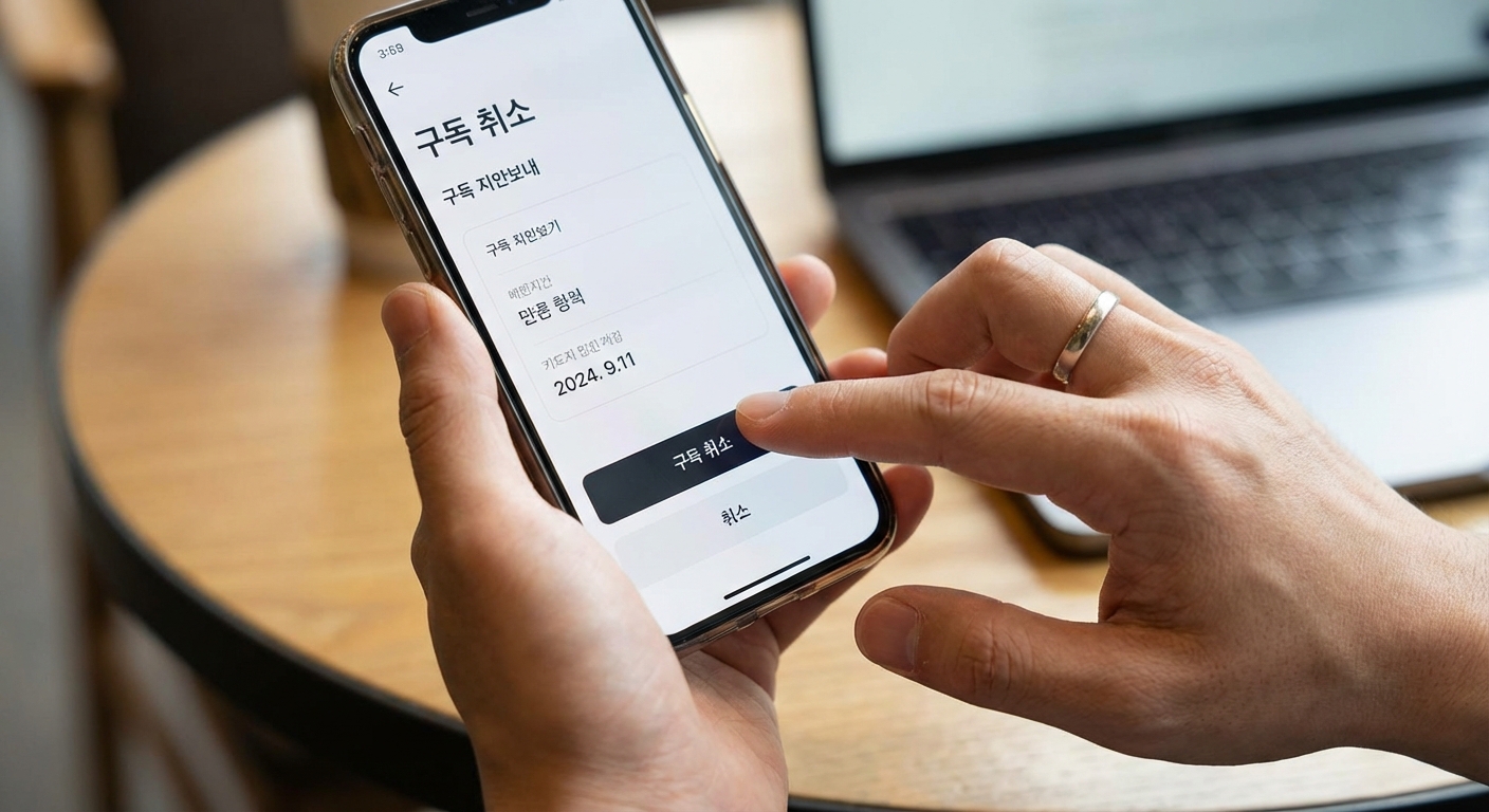 스마트폰 화면에서 '구독 취소' 버튼을 누르는 한국 성인의 손 클로즈업