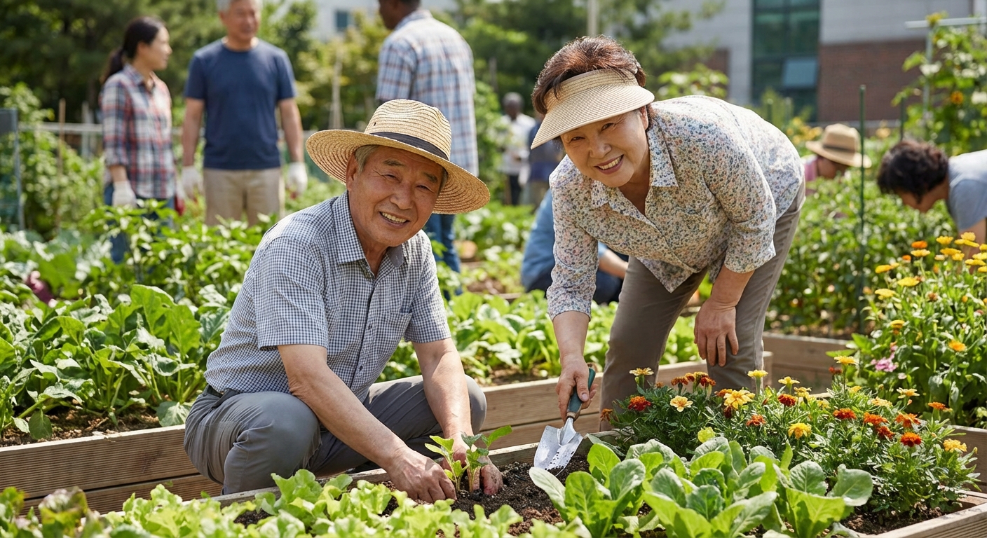 지역 사회 공원이나 텃밭에서 함께 봉사 활동을 하는 한국인 노년 남성과 여성.