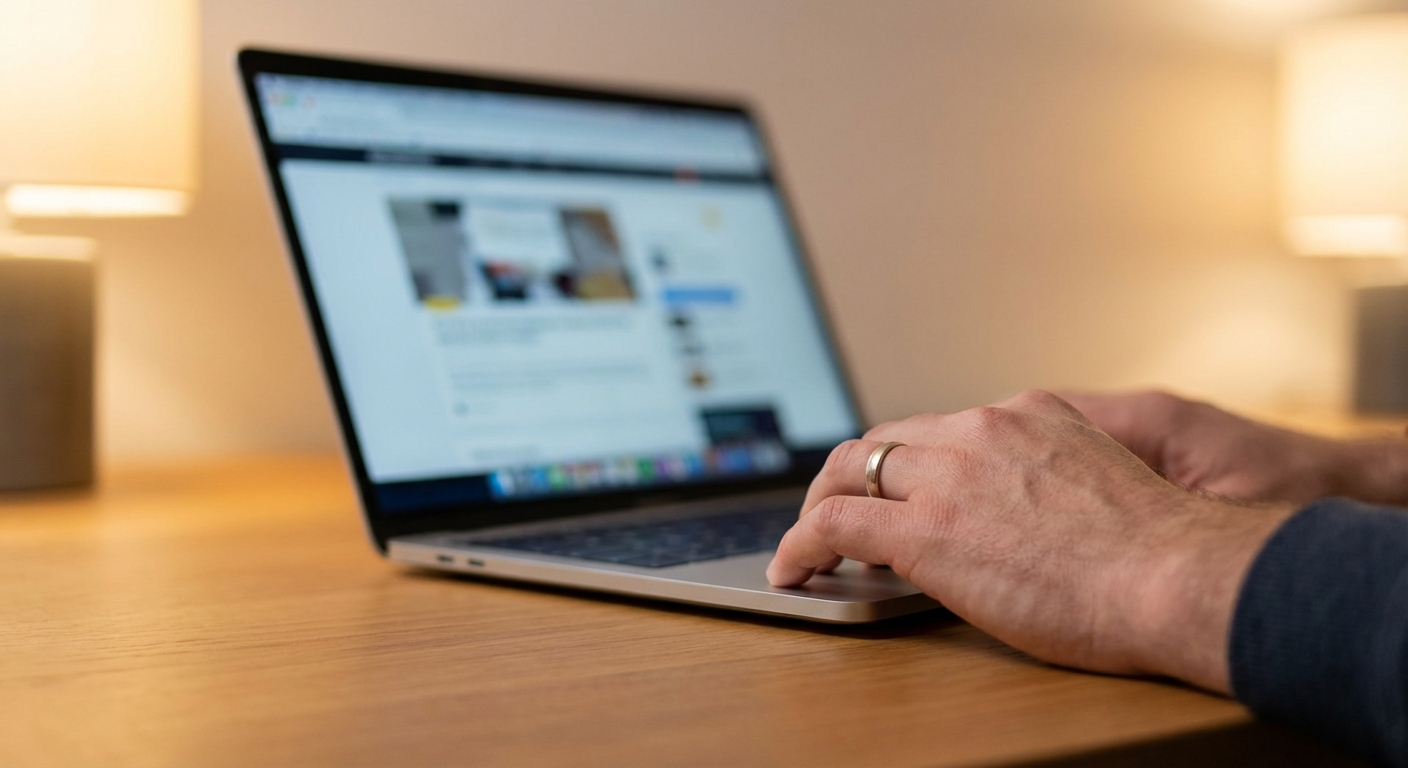 노트북 트랙패드를 사용하여 티빙 구독 해지 또는 요금제 변경을 진행하는 손의 클로즈업.