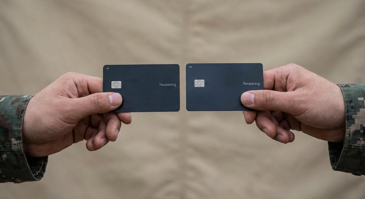 한 군인이 두 개의 나라사랑카드를 손에 들고 비교하고 있는 모습.