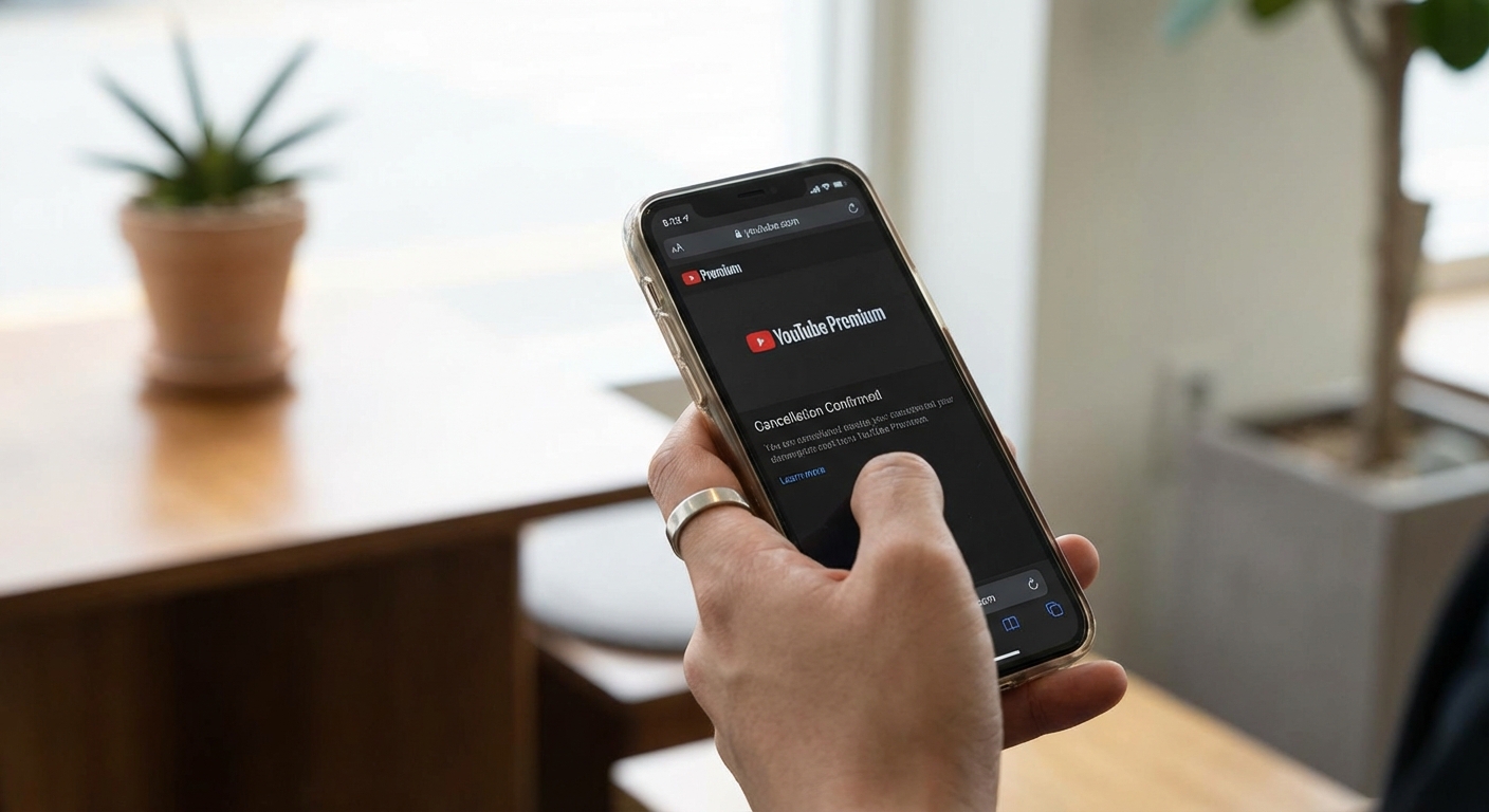 유튜브 프리미엄 구독 취소 확인 화면이 보이는 스마트폰을 들고 있는 한국 성인의 손 클로즈업