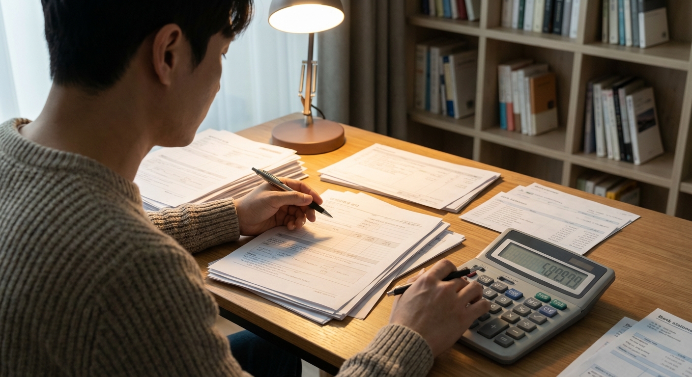 한국 성인이 서류와 계산기를 앞에 두고 투자 관련 세금 정보를 꼼꼼히 검토하는 모습
