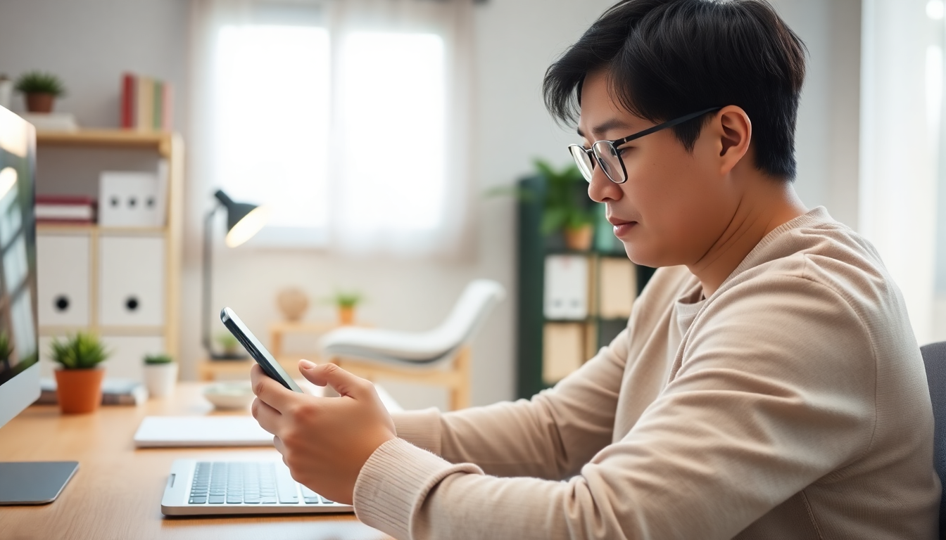 2025년 티빙 할인 쿠폰 총정리: 1분만 투자하면 1년 구독료 아끼는 5가지 방법 2 책상에 앉아 스마트폰과 신용카드를 들고 통신사 제휴 할인을 신청하는 뒷모습