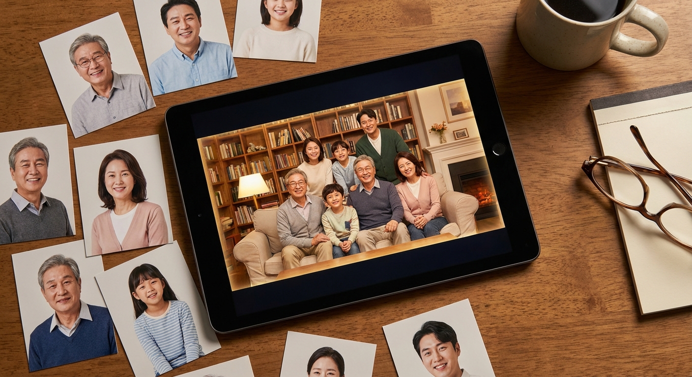 나무 책상 위에 여러 장의 가족 인물 사진이 흩어져 있고, 중앙의 태블릿 화면에는 그 인물들이 하나의 화목한 거실 장면에 자연스럽게 합성된 결과 이미지가 표시되어 있다.