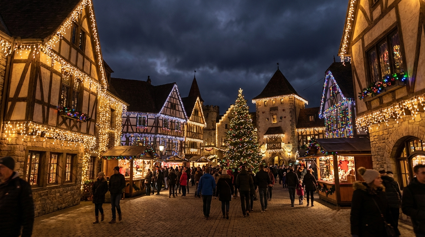 수많은 밝은 크리스마스 조명으로 장식된 테마파크의 조명 밝혀진 유럽풍 건물들, 어두운 하늘 아래 전체 장면을 비추는 생생하고 눈부신 크리스마스 조명의 리얼리스틱 에디토리얼 사진.