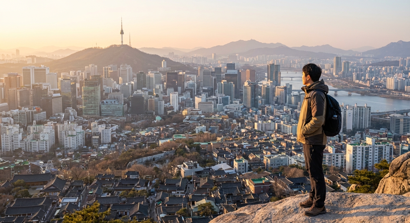 인왕산 청운공원에서 서울 도심의 빌딩 숲 위로 해가 떠오르는 장엄한 일출을 바라보는 한국 성인