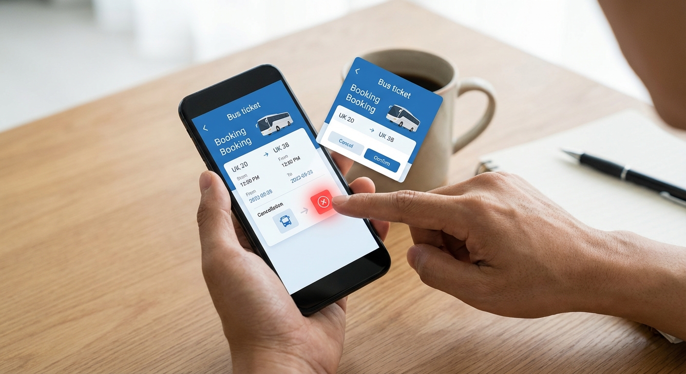 버스표 예매 취소 앱 화면을 조작하는 한국 성인의 손