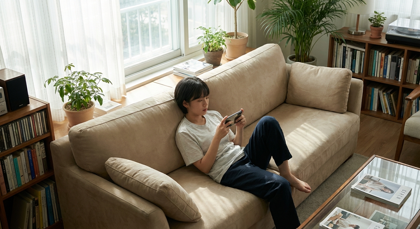 소파에 편안하게 누워 스마트폰으로 티빙 콘텐츠를 시청하는 사람의 모습.