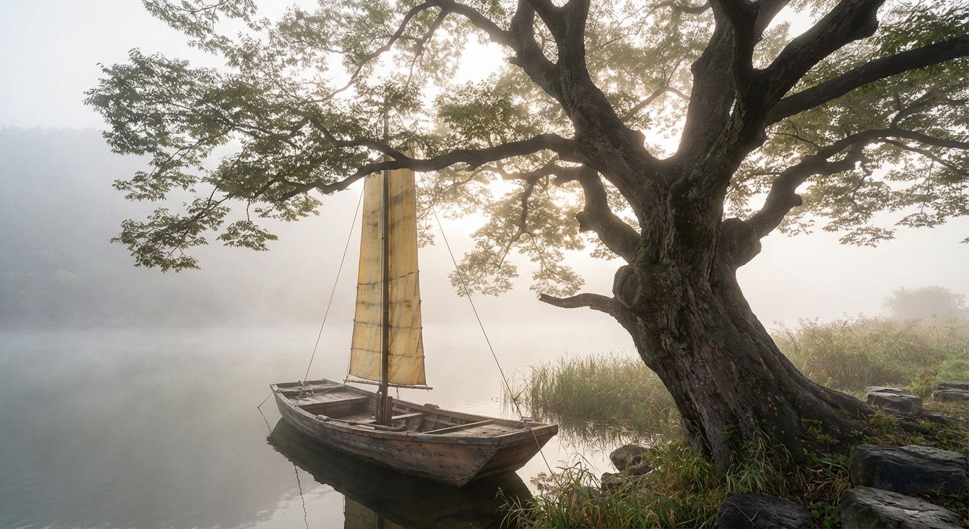 두물머리 강가에 피어오르는 물안개 속 400년 된 느티나무와 황포돛배, 그리고 떠오르는 해