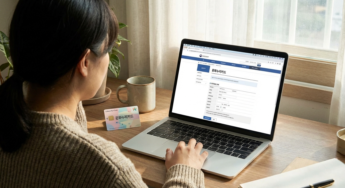 한 사람이 집 책상에 앉아 노트북으로 문화누리카드를 온라인으로 신청하고 있는 모습.