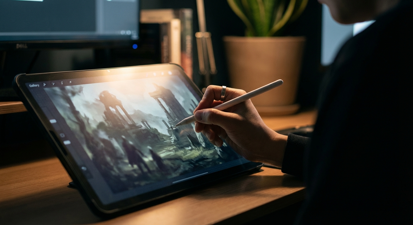 어두운 작업실에서 태블릿을 사용해 예술적이고 환상적인 컨셉 아트를 작업하고 있는 디지털 아티스트의 어깨 너머 모습.