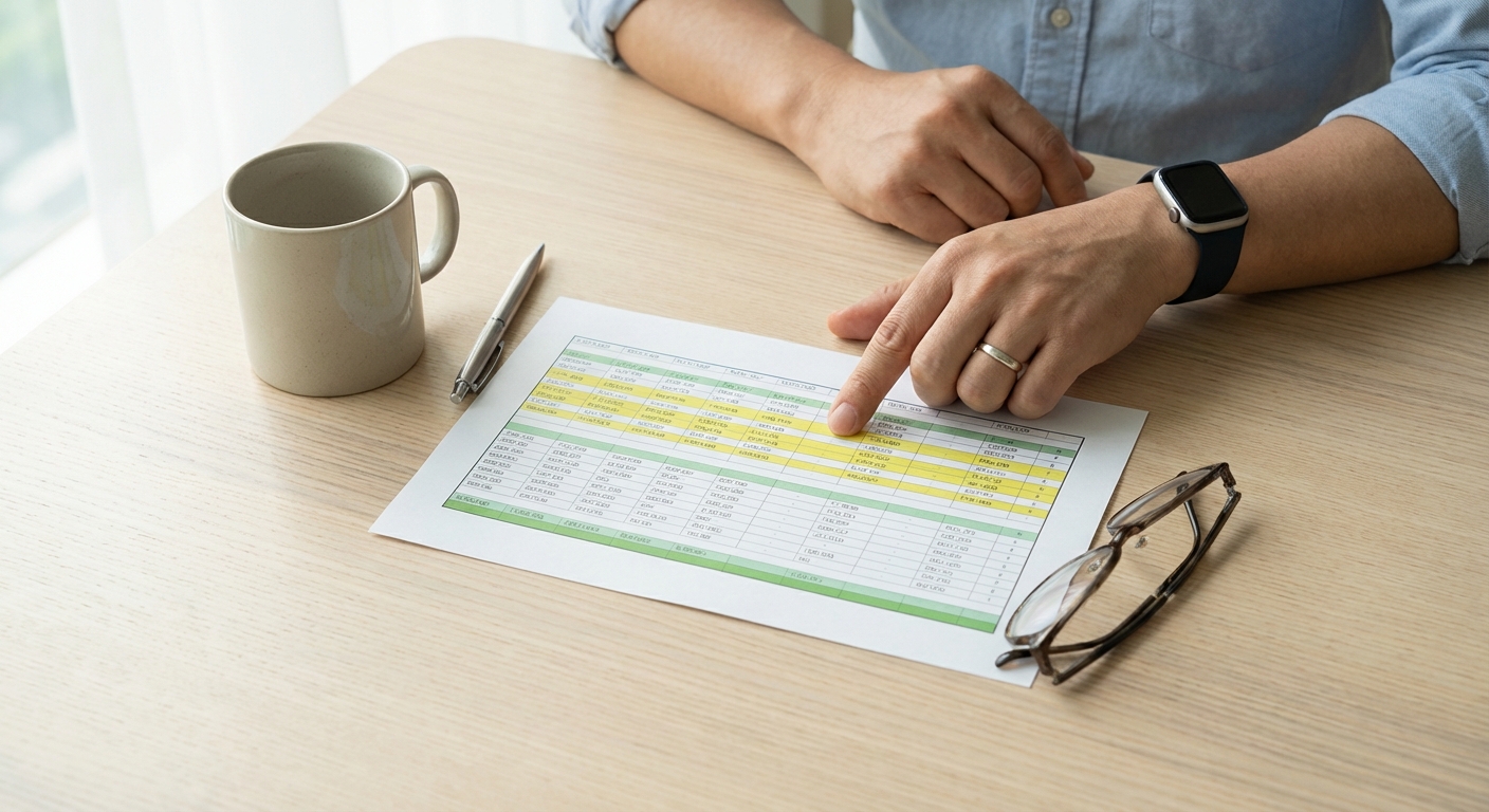 한국인 성인의 손이 깔끔한 책상 위에서 중요한 숫자가 강조된 재정 서류를 가리키는 모습