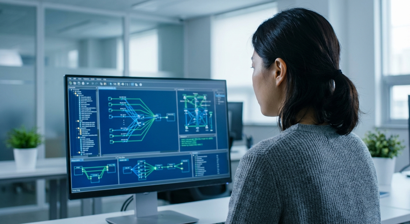 한 데이터 분석가가 현대적인 사무실에서 컴퓨터 화면의 복잡한 그래프 데이터를 분석하고 있는 어깨 너머 시점의 모습. 이상거래탐지시스템을 통한 부정사용 적발 과정을 시각적으로 표현.