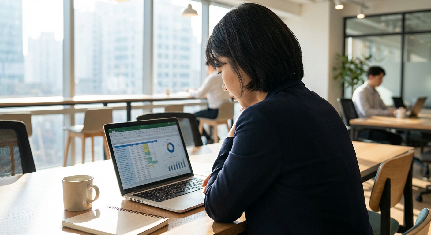 한국 성인이 현대적인 사무실 책상에서 노트북 화면의 금융 데이터를 검토하는 모습