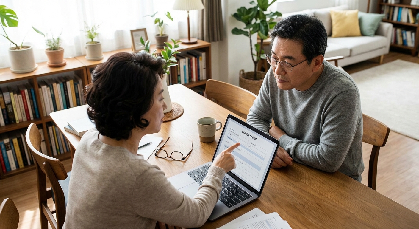 연말정산 미리보기 서비스 활용법 누락 공제 신고까지 완벽 정복 3 노트북 화면을 보며 부양가족 자료 제공 동의에 대해 이야기하는 한국인 부부의 모습.