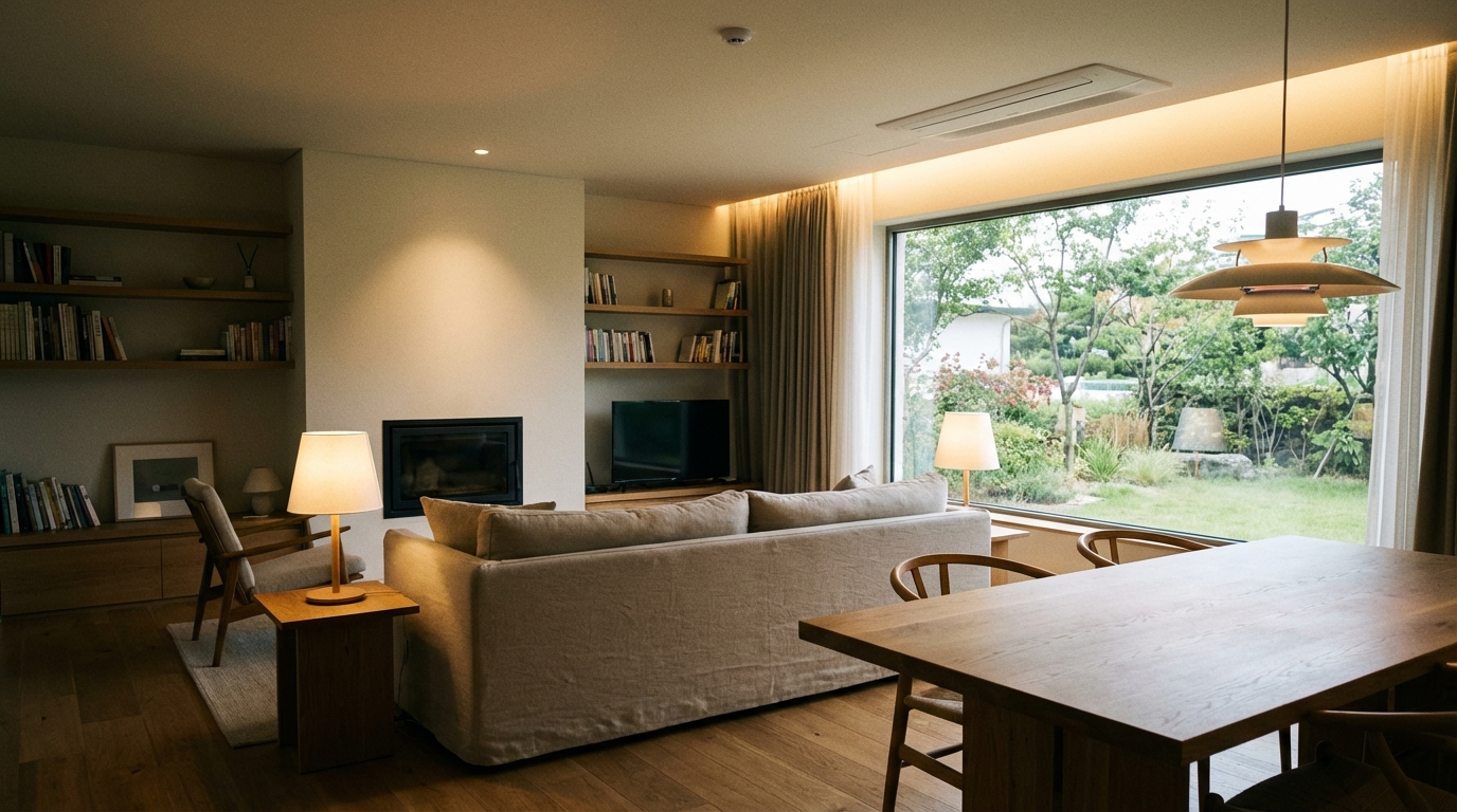 넓은 창문으로 자연광이 들어오는 깨끗하고 현대적인 펜션 거실 내부 전경