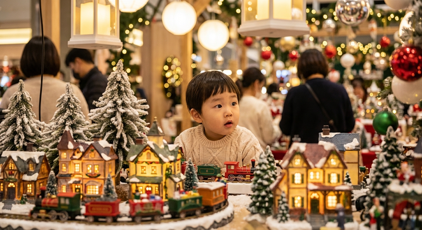 더현대 서울의 실내 크리스마스 마을에서 움직이는 크리스마스 장식을 신기하게 바라보는 한국 어린이