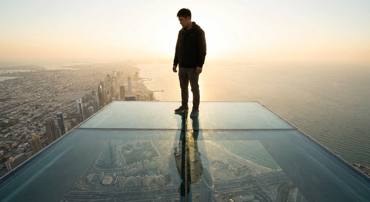 투명 유리 바닥 위에서 발아래 도시와 바다를 보며 해돋이를 감상하는 한국인 성인