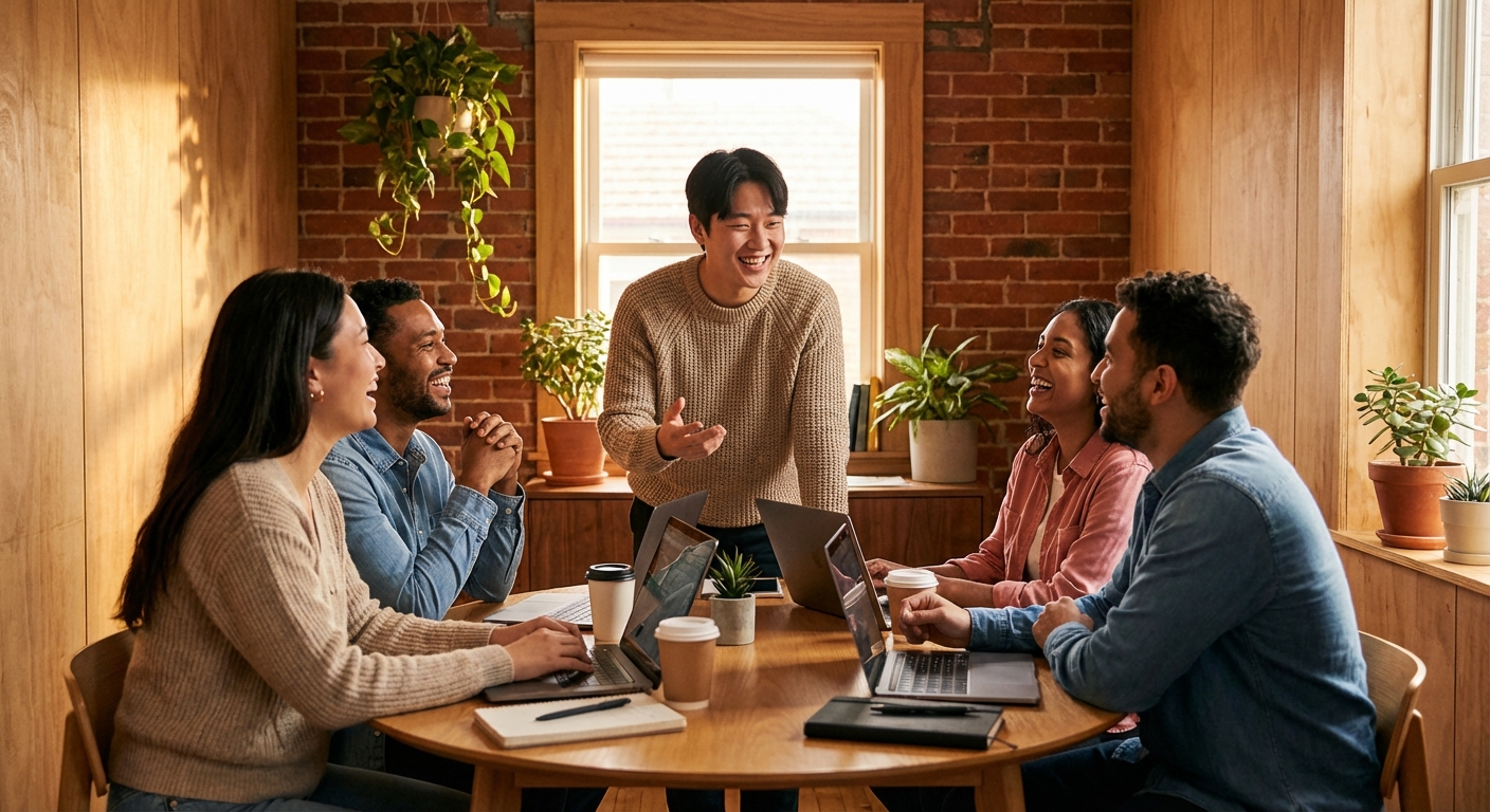 아늑하고 현대적인 소규모 사무실에서 원형 테이블에 둘러앉아 팀 토론에 적극적으로 참여하는 한국인 사회초년생의 모습.