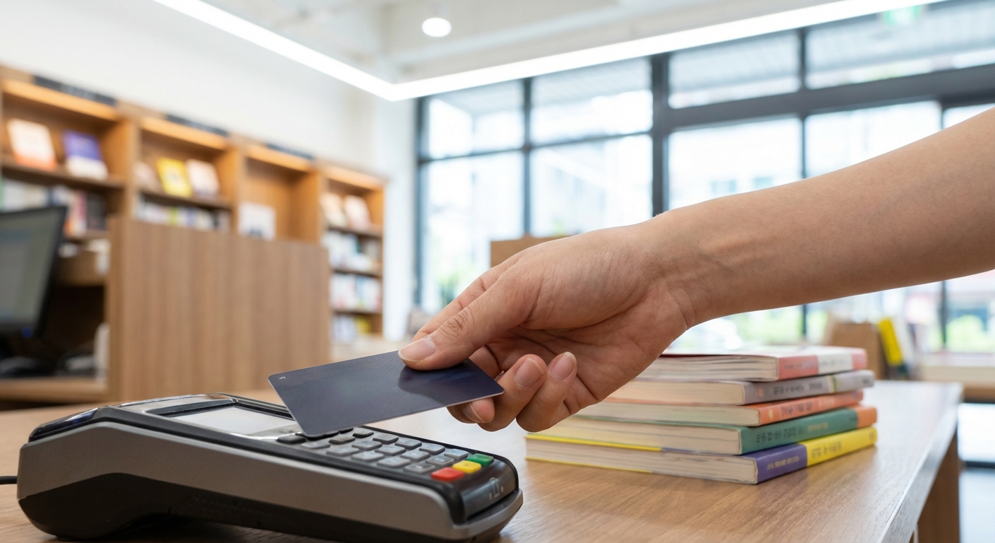 한 사람이 서점에서 책을 구매하며 문화누리카드로 결제하는 손 모습.