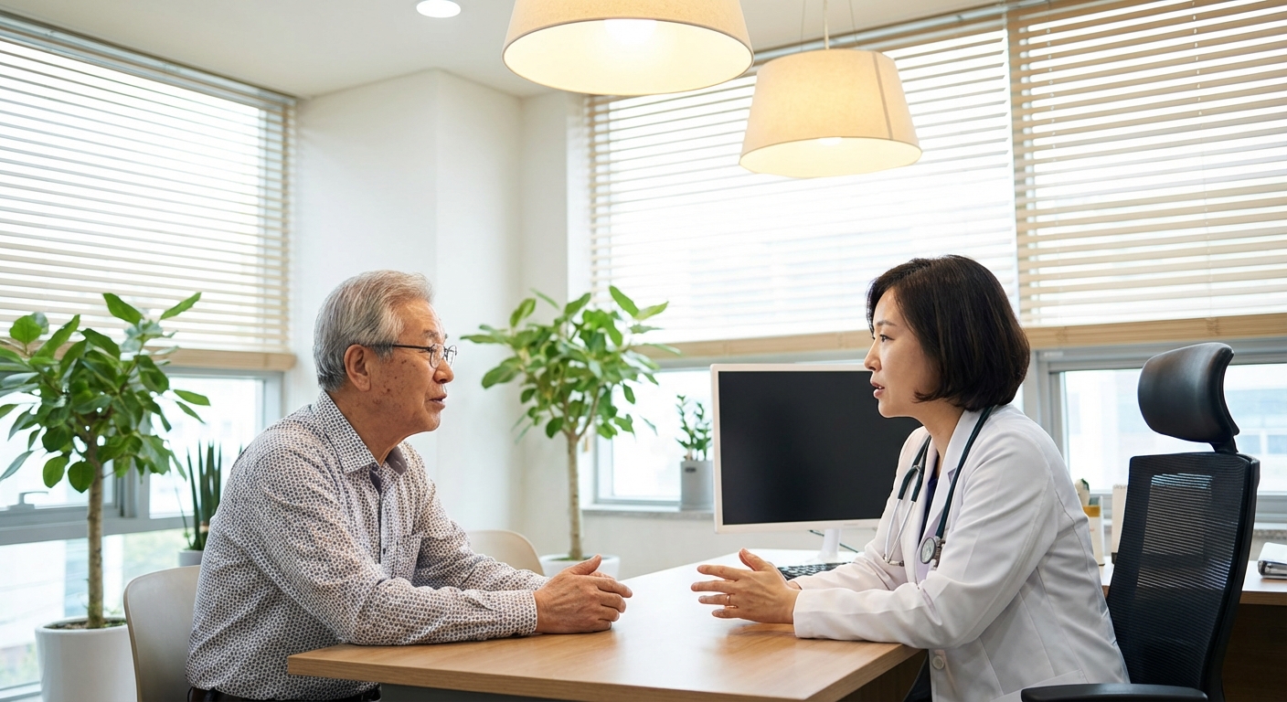 진료실에서 의사와 상담하는 노인 남성의 모습